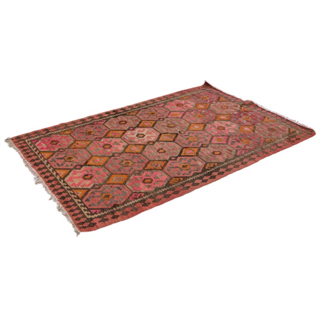 Textile Mid-20th Century Turkish Kilim Pink Handmade Geometric Wool Rug For Sale - Image 7 of 10