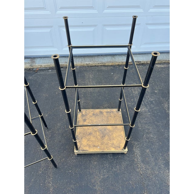 Metal Pair of Hollywood Regency Black & Brass Pagoda Étagères by Art & Commerce Dallas a Pair For Sale - Image 7 of 12