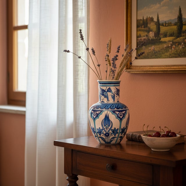Traditional Handmade Ceramic Vase (20cm) – Classic Blue & White Tulips with Petal Collar – Traditional Iznik Decor For Sale - Image 3 of 9