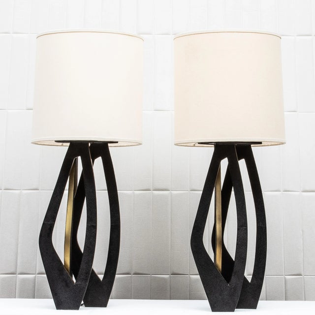 R & Y Augousti Pair of Modern Lamps in Black Shagreen With Bronze Patina Brass by R&y Augousti For Sale - Image 4 of 9
