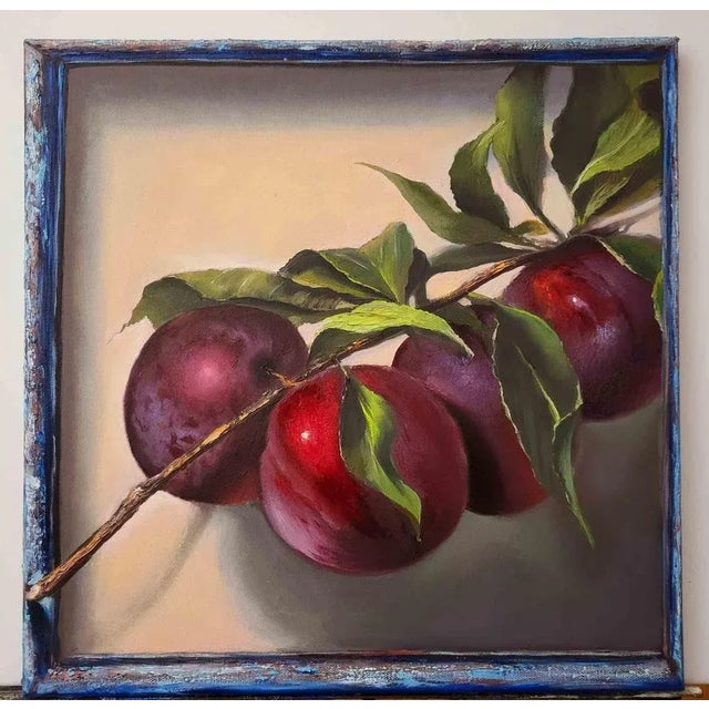 Original oil painting 'Plums', by Elena Mardashova, realized on canvas 40 x 40 cm. This piece is attributed to the...