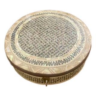 Mid 20th Century Inlaid Mother of Pearl Round Box For Sale