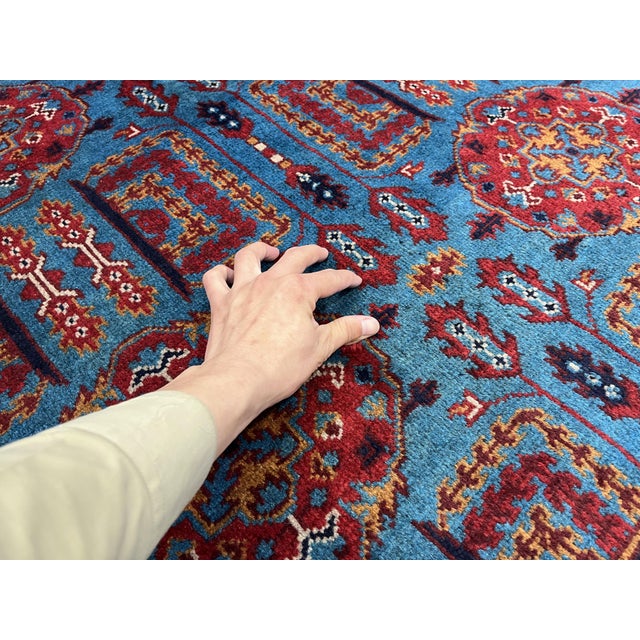 Turquoise Blue and Red Wool Area Rug, Tribal Geometric Medallion Design For Sale - Image 10 of 14