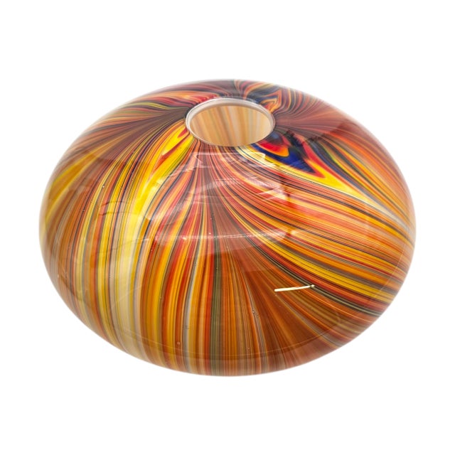 Italian Cased Swirl Art Glass Bowl Vase Orange Yellow 11" Hand Blown For Sale - Image 4 of 10