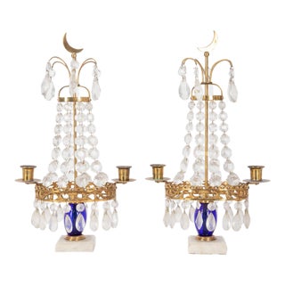 Pair of Swedish Crystal Prism Candelabra With Cobalt Blue Glass & Crescent Moon Finials For Sale