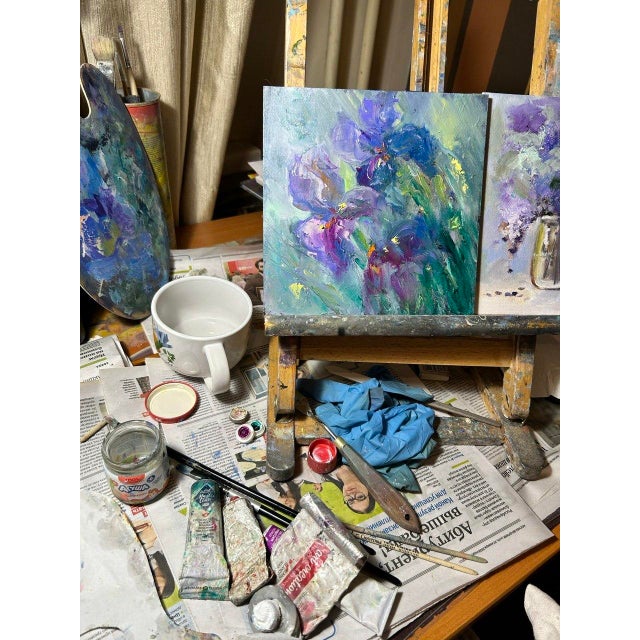 Framed Flower Blue-Violet Irises Original Painting by Artist Valeriya Serova For Sale - Image 9 of 11