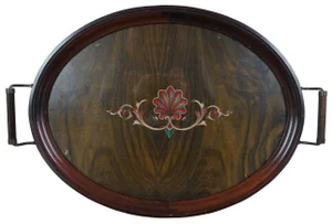 Antique Scalloped Walnut Victorian Handled Tea Coffee Tray with Inlaid Shell Design