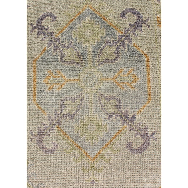 Shabby Chic Turkish Oushak Runner With a Tribal Design in Purple, Blue and L.Green Colors by Keivan Woven Arts For Sale - Image 3 of 8