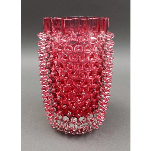 Victorian Early 19th Century Hobbs Brockunier & Co. Dew Drop Cranberry Red Hobnail Glass Celery Vase For Sale - Image 3 of 10