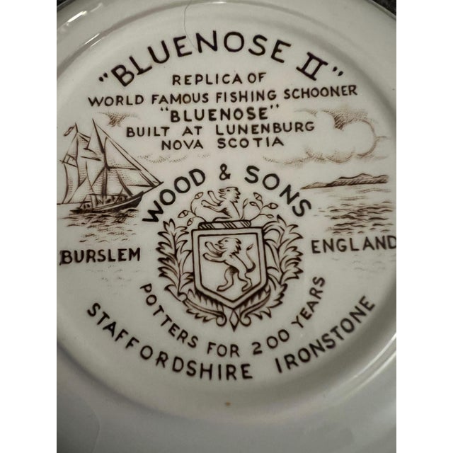 American 1930s Bluenose II Schooner Wine Drink Coaster, Brown Transferware Sailing Plate, Made in England For Sale - Image 3 of 4