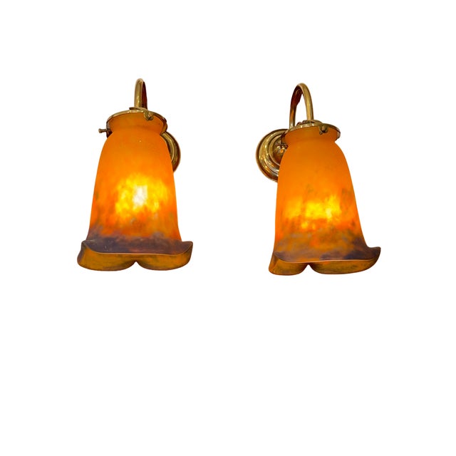 Muller Frères Vintage Art Deco Brass Wall Sconces with Signed Glass Shades by Muller Frères, France, 1920s, Set of 2 For Sale - Image 4 of 7