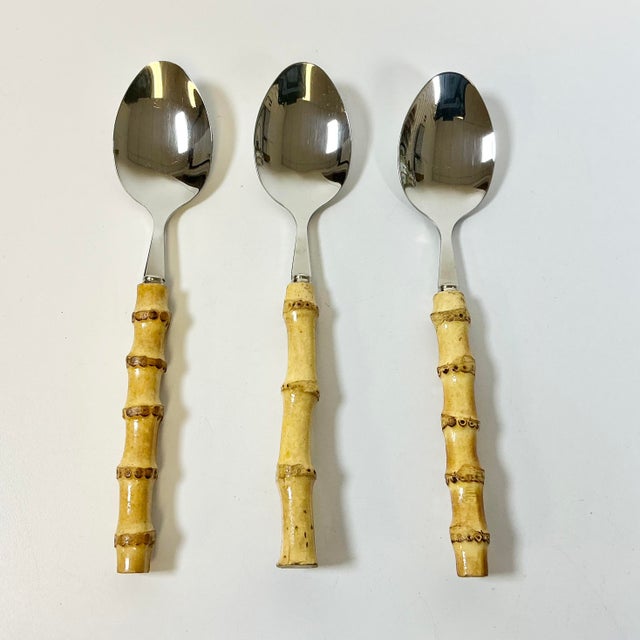 Hollywood Regency Vintage Boho Chic Coastal Bamboo & 18/8 Stainless Steel Serving Spoons - Set of 3 For Sale - Image 3 of 10