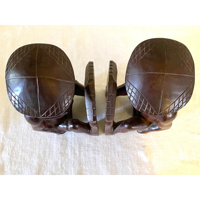1960s Vintage Carved Wood Tribal Figure Bookends For Sale - Image 5 of 6