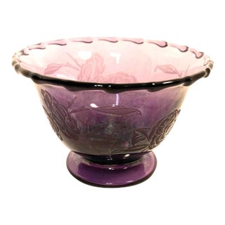 Early 20th Century Mid Century Modern Fostoria Floral Etched Amethyst Glass Century Pedestal Serving Bowl For Sale
