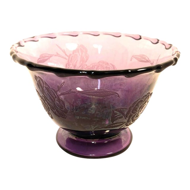 Early 20th Century Mid Century Modern Fostoria Floral Etched Amethyst Glass Century Pedestal Serving Bowl For Sale