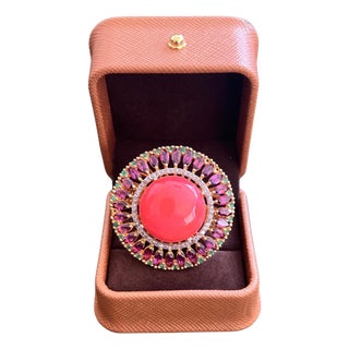 Bochic "Orient" Vintage Diamond & Orange Opal Ring Set In 18K Gold & Silver For Sale