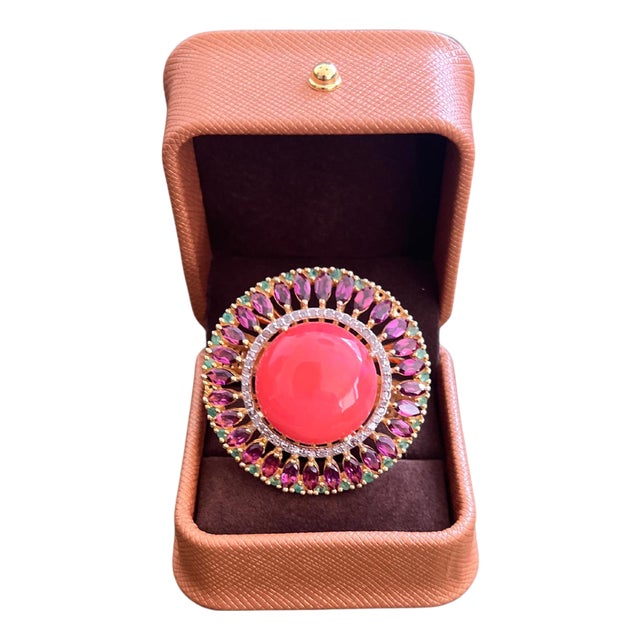 Bochic "Orient" Vintage Diamond & Orange Opal Ring Set In 18K Gold & Silver For Sale