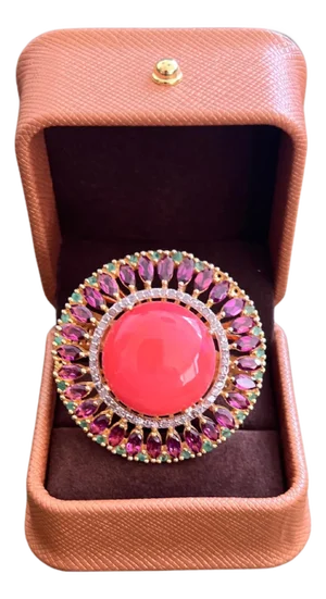 Bochic "Orient" Vintage Diamond & Orange Opal Ring Set In 18K Gold & Silver