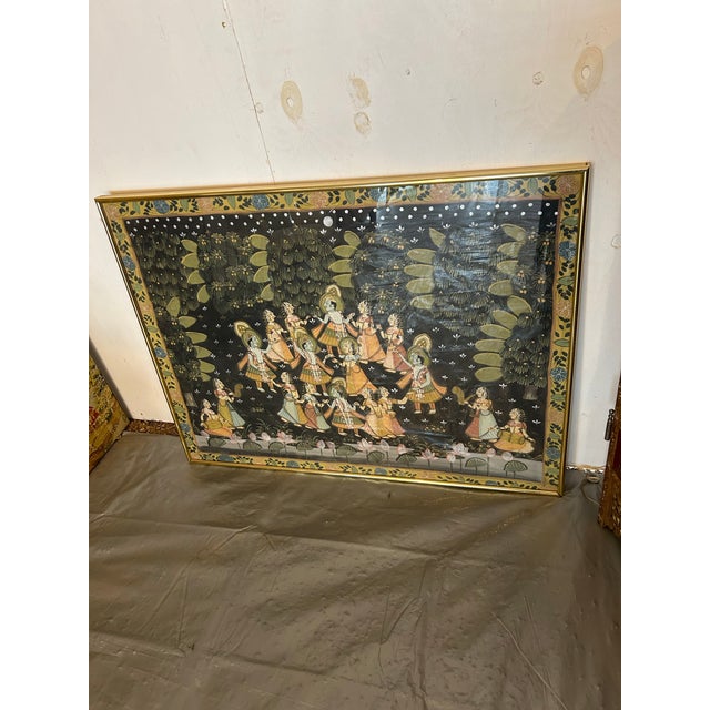 Indian 1960s Vintage Pichhwai Painting on Silk the Dancing Female, Framed For Sale - Image 3 of 12