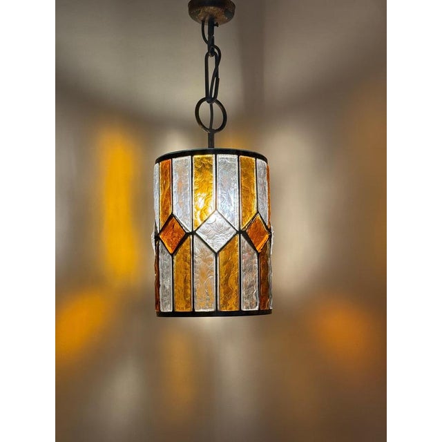 Brutalist Longobard Lantern Pendant in Hammered Glass, Italy, 1960s For Sale - Image 13 of 17