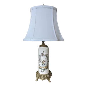 Antique Asian Chinoiserie Hand Painted Ceramic Table Lamp With Lamp Shade