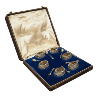 Antique French Silver and Glass Salt Cellar Set, Charles Dubret, Circa 1890 For Sale