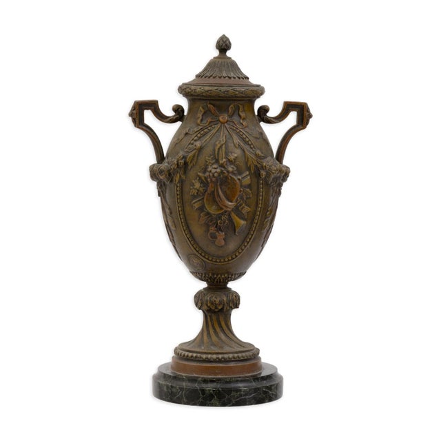 Hollywood Regency Bronze French Lidded Urn With Handles on Marble Base C. 1950s For Sale - Image 4 of 6
