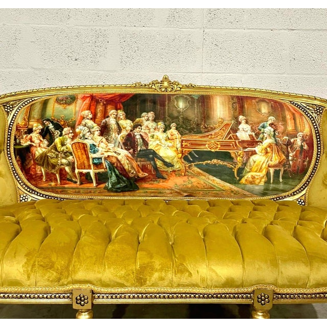 French Tufted Mustard Sofa – Victorian Scene Upholstery, Gold Leaf For Sale - Image 4 of 8