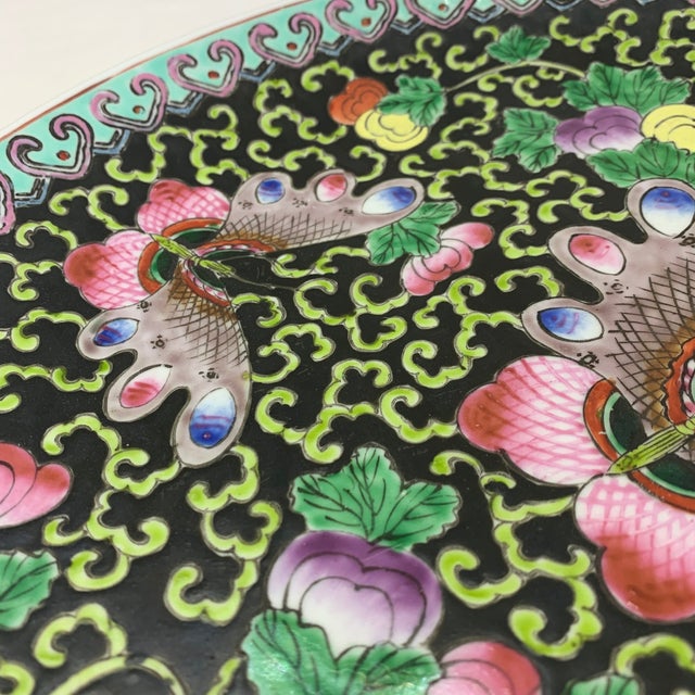 Ceramic Vintage Chinoiserie Large 14" Butterflies Floral Round Platter Centerpiece Ceramic Dish For Sale - Image 7 of 13