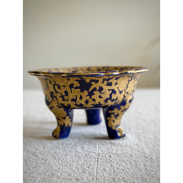 Antique Chinese Three Footed Porcelain Bowl, Cobalt and Gilt Chinoiserie Fox Hunt Scene, Qianlong Style For Sale In Los Angeles - Image 6 of 11