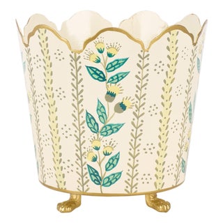Ivory & Gold Floral Scalloped Bucket Tole Planter, Medium For Sale
