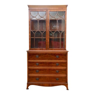 1950s George III Carved Mahogany Chippendale Style Drop Front Secretary Desk With Bookcase Hutch For Sale