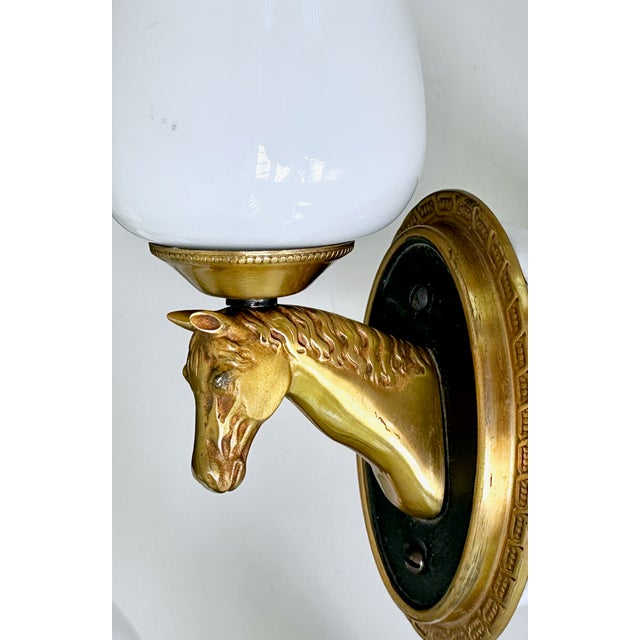 1950s French Neoclassical Brass Horse Sconces Opaline Shades by Maison Lancel For Sale - Image 10 of 15