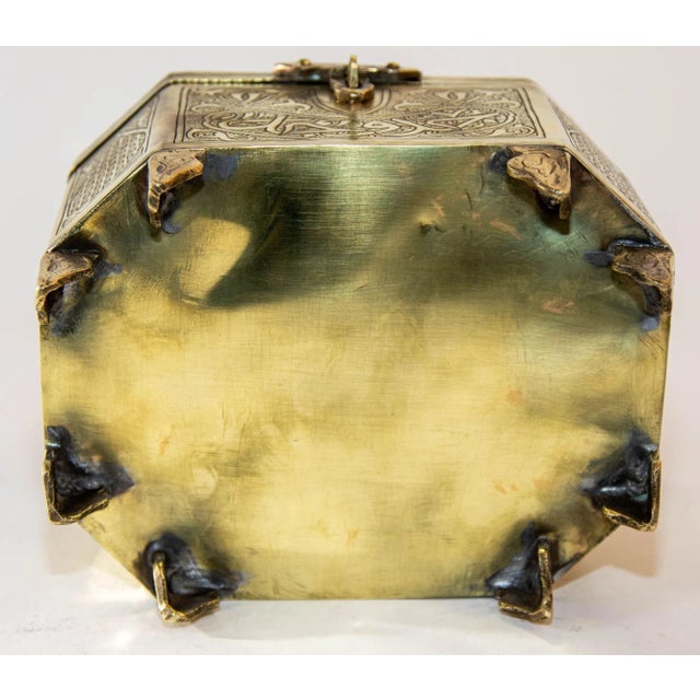 Persian Brass Jewelry Box in Mamluk Revival Damascene Moorish Islamic Style 1920 For Sale - Image 11 of 13