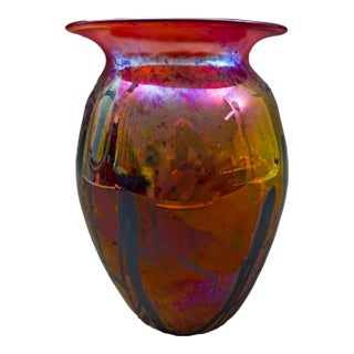 Stephen Fellerman Signed Vintage 1980 Iridescent Blown Art Glass Vase For Sale