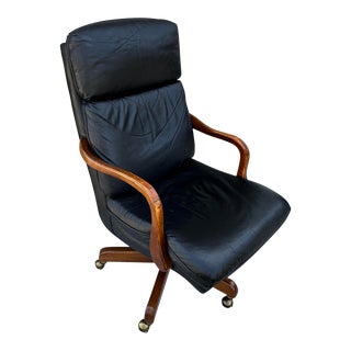 Vintage 1990s Bradington-Young Black Leather & Wood Rolling Office Chair For Sale