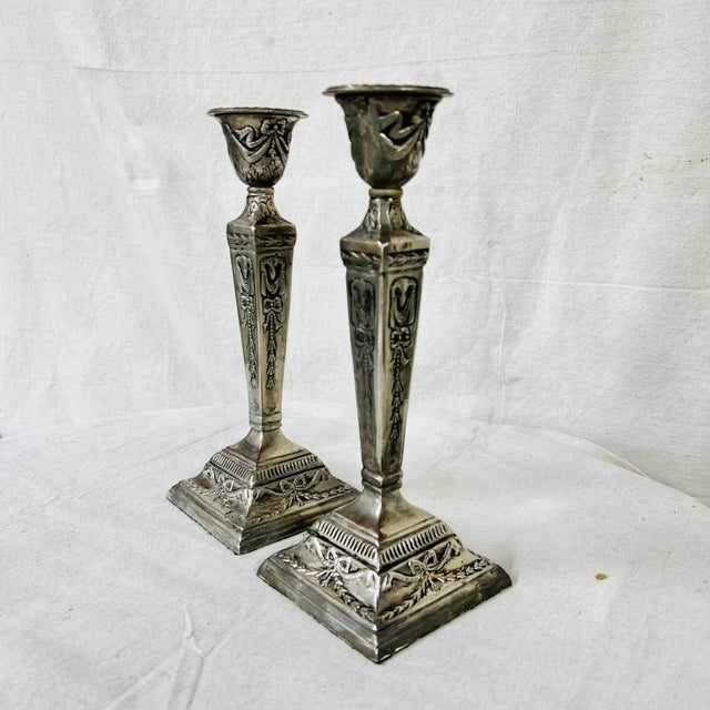 Silverplate Candlesticks With Bows and Swags Neoclassical Pattern For Sale - Image 4 of 4