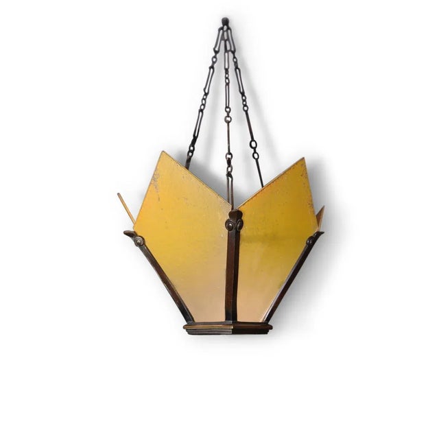 Metal Vintage Art Deco Brass Crown-Shaped Pendant Light with Yellow Frosted Glass Panes For Sale - Image 7 of 7