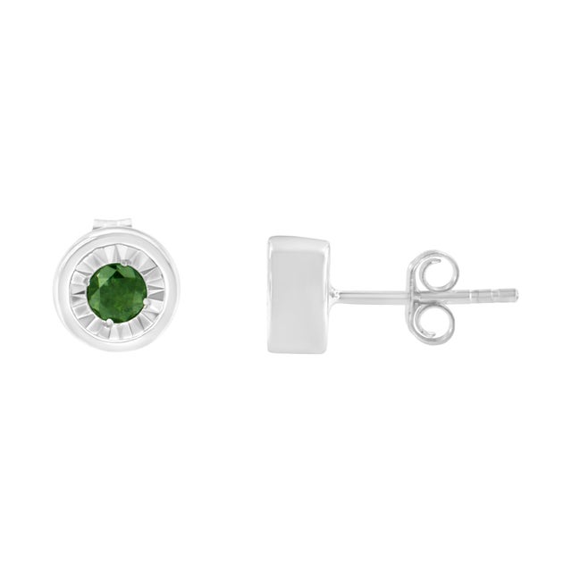 Contemporary .925 Sterling Silver 1/4 Cttw Round Brilliant-Cut Green Diamond Miracle-Set Stud Earrings (Fancy Color-Enhanced, I1-I2 Clarity) For Sale - Image 3 of 6