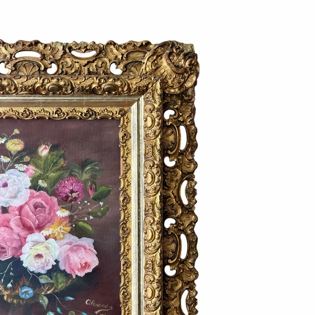 Early 20th Century Ornate Gilt Rococo Style Frame With Floral Still Life Painting For Sale - Image 9 of 12
