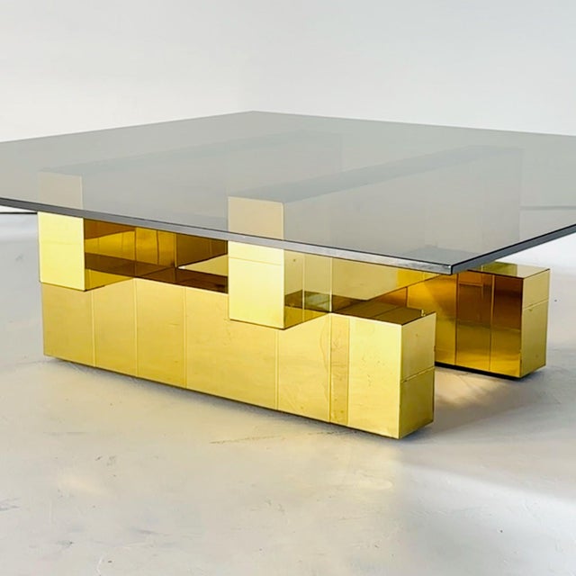 1970s Paul Evans Cityscape Brass Coffee Table W/Smoked Glass, 1970 For Sale - Image 5 of 10