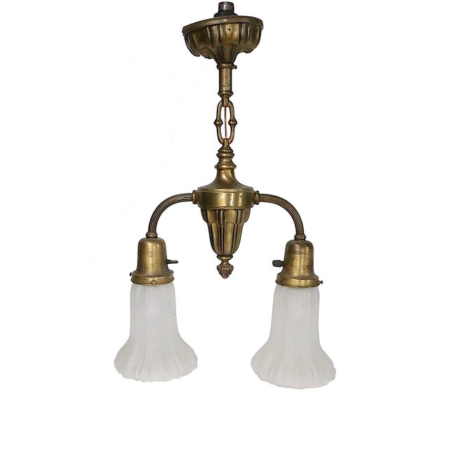 Early Electric Brass and Glass Two Arm Light Fixture C. 1900/20's For Sale In New York - Image 6 of 18