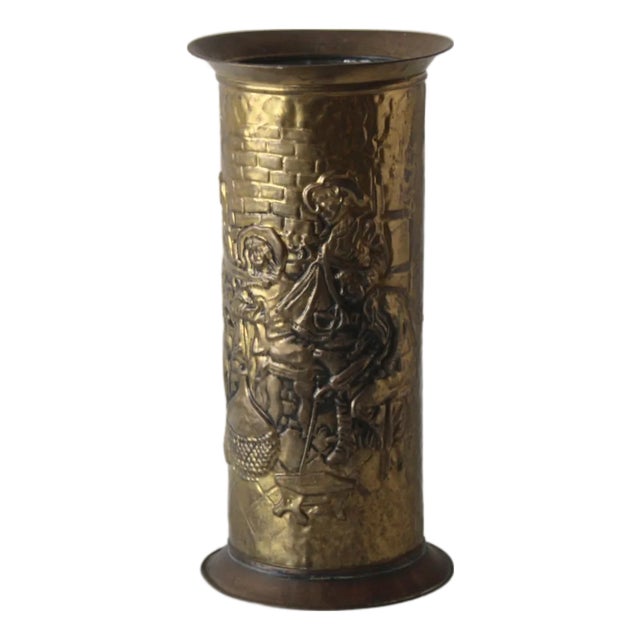 Early 20th Century Arts and Crafts Embossed Brass Stick Umbrella Stand For Sale