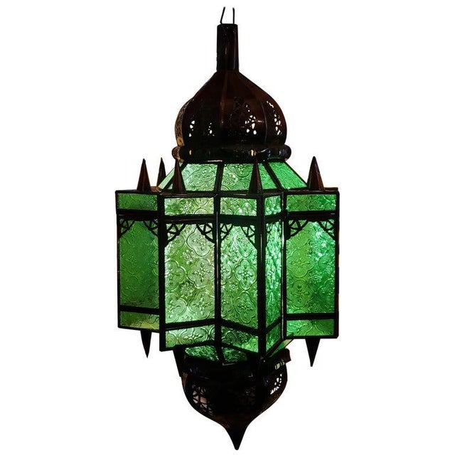 Moroccan Makki Style Green Glass Lantern For Sale - Image 9 of 9