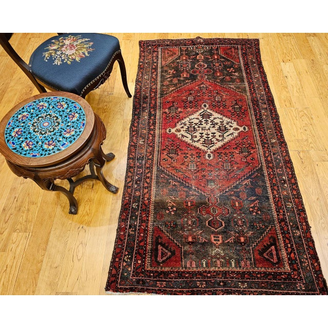 Vintage Persian Hamadan Rug, Hand-Knotted Wool, Geometric Medallion Pattern, Moss Green & Red, 4x7 For Sale - Image 10 of 18