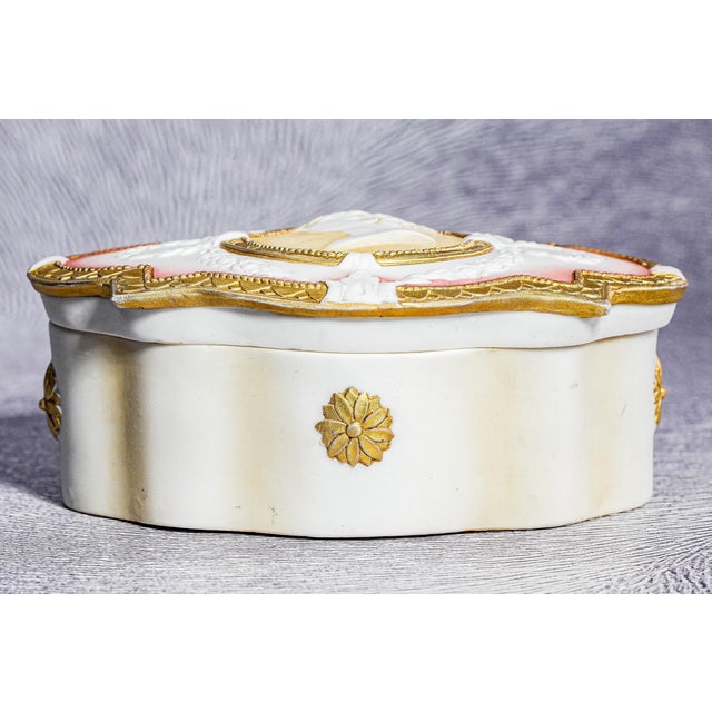 Stunning Hand Painted German Porcelain Antique Victorian Neoclassical Design Jewelry Dresser Box For Sale - Image 12 of 15