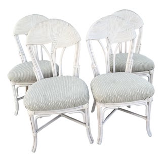 Boho Chic Sculpted Pencil Reed Leaf Back Rattan Dining Chairs - Set of 4 For Sale