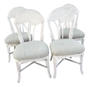 Boho Chic Sculpted Pencil Reed Leaf Back Rattan Dining Chairs - Set of 4