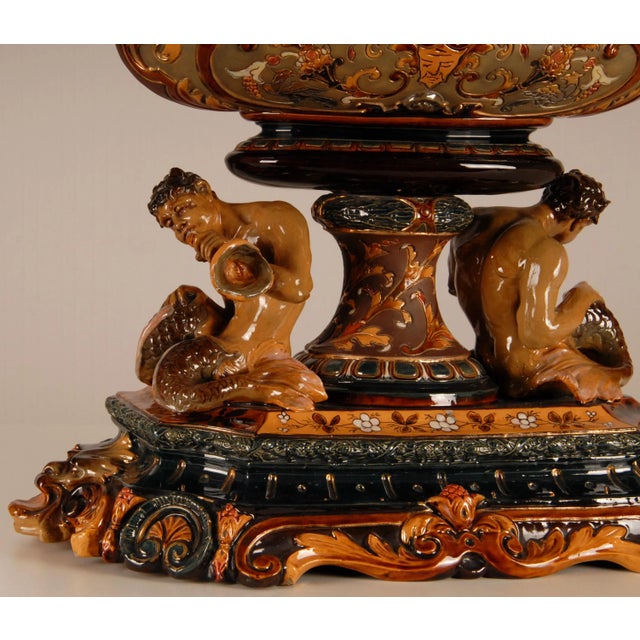 Blue Antique Centerpiece Ceramic Renaissance Revival Majolica Vase For Sale - Image 8 of 13