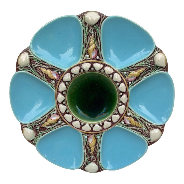 Victorian Majolica Aqua Oyster Plate by Minton, Ceramic, England, 1880 For Sale